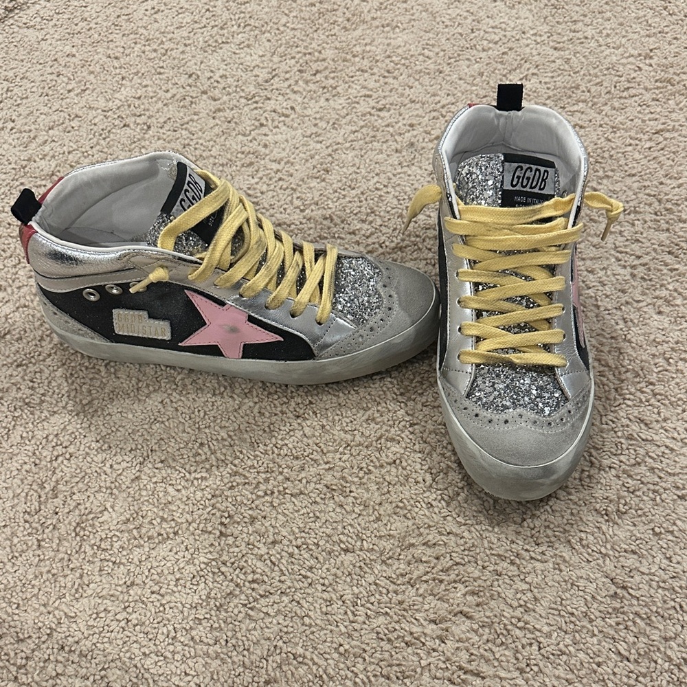 Golden Goose Mostar Glitter High-Top Sneakers with Pink Star Accent